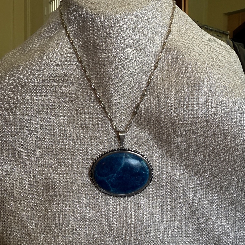 Persian Blue Agate Pendant – Oval Sterling Silver Necklace